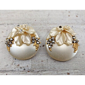 Vintage Leru Gold Tone Faux Pearl Rhinestone Flower Round Clipon Earrings READ
